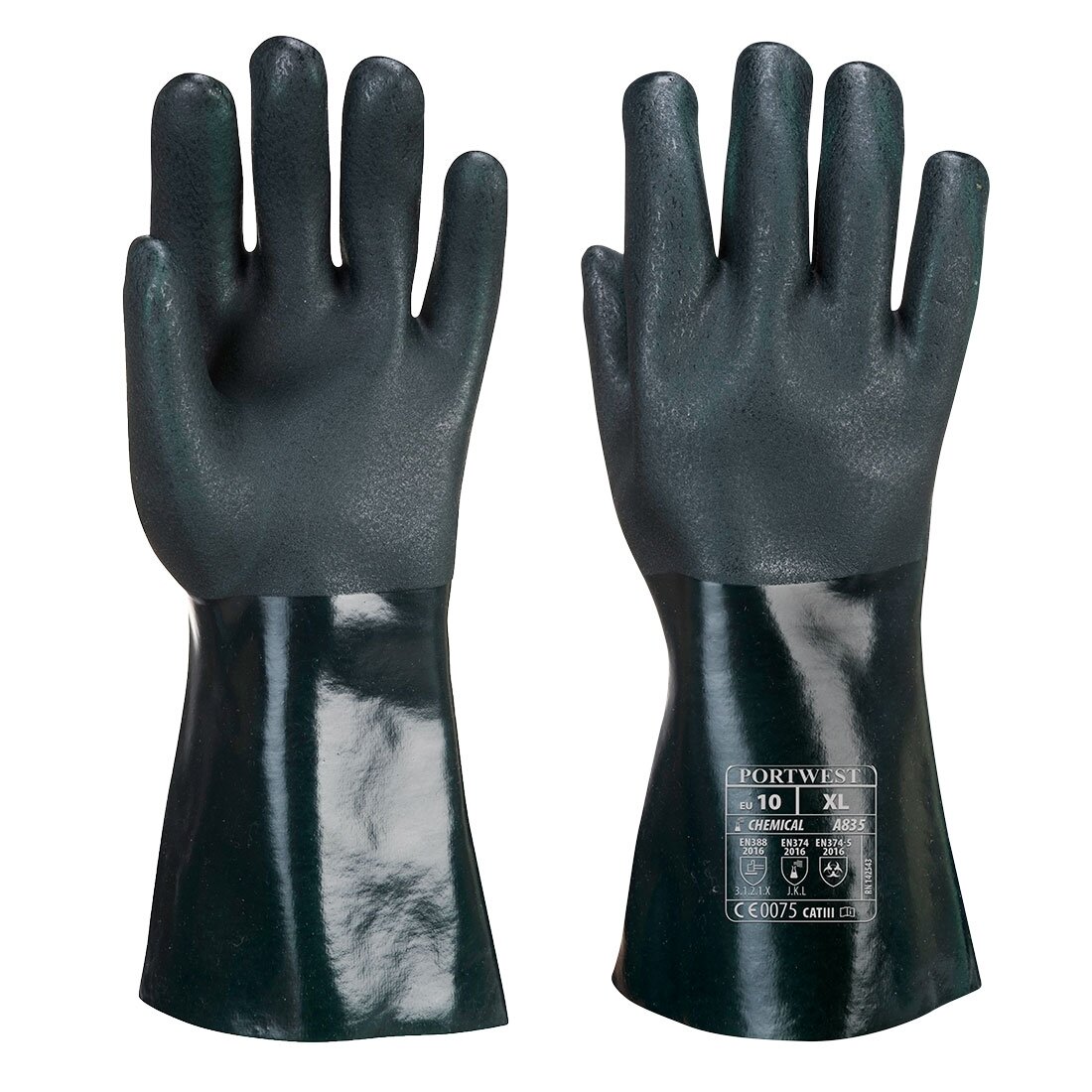 Dvigubu sluoksniu dengtos PVC pirštinės (35 cm) PORTWEST A835. Dydis: XL