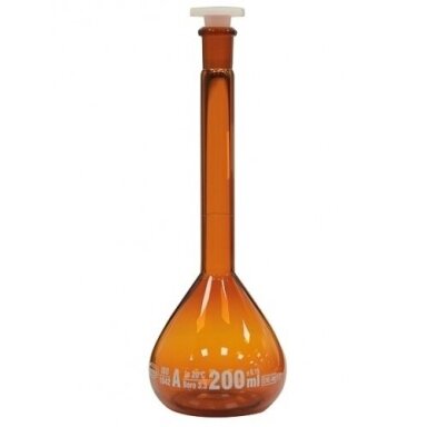 Matavimo kolba su plastikiniu kamšteliu, tamsaus stiklo, A klasė (Glassco) Matavimo kolba su plastikiniu kamšteliu, tamsaus stiklo, A klasė (Glassco)